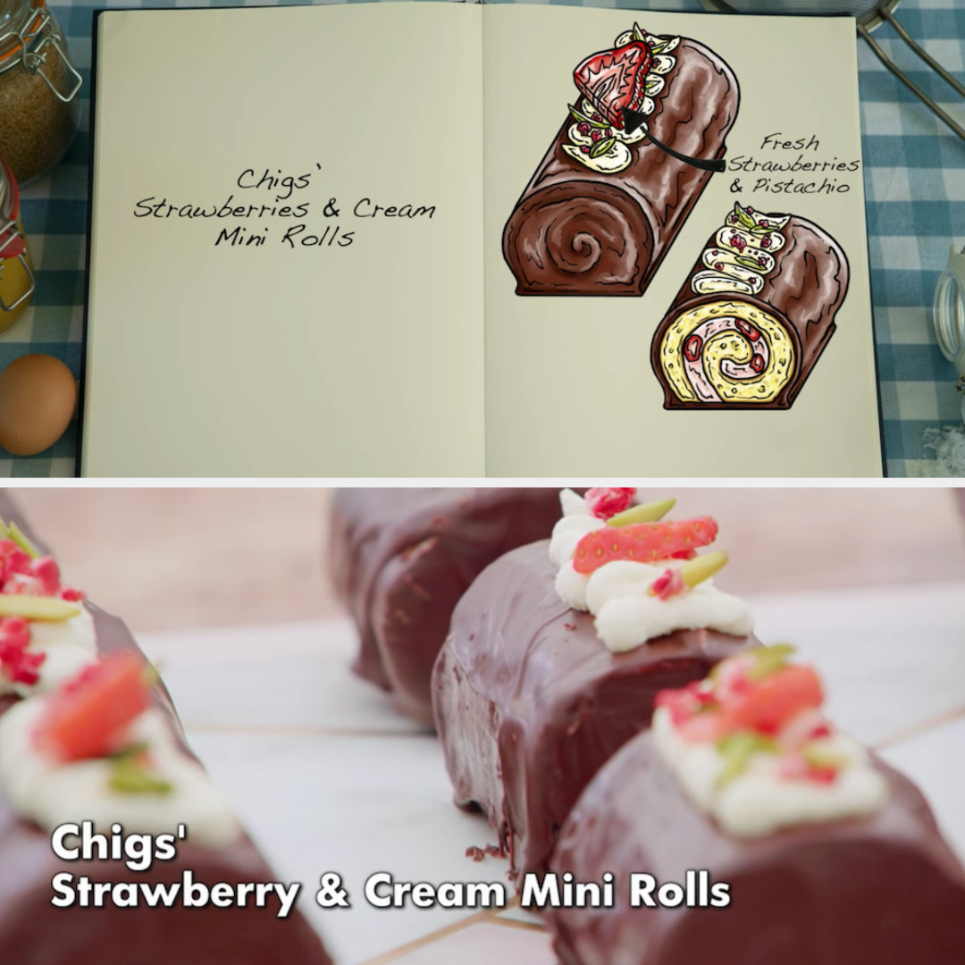 Chigs&#x27; mini rolls decorated with fresh strawberries and pistachio side by side with their drawing