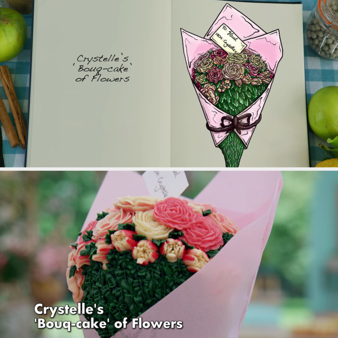 Crystelle&#x27;s anti-gravity cake decorated to look like bouquet of flowers side by side with its drawing