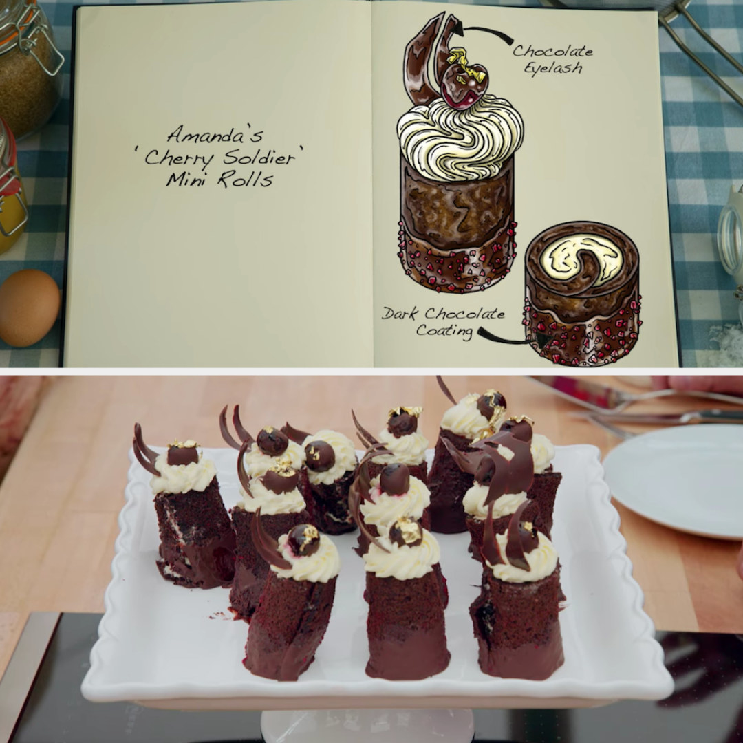 Amanda&#x27;s vertical standing mini rolls decorated with a chocolate eyelash and dark chocolate coating side by side with their drawing