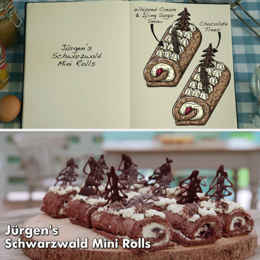 Jürgen&#x27;s mini rolls decorated with chocolate trees side by side with their drawing