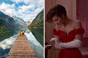 A person sits at the edge of a long deck as he looks at a mountain landscape and Julia Roberts wears an off the shoulder gown in "Pretty Woman"