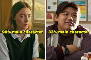 On the left, Saoirse Ronan as Lady Bird in Lady Bird labeled 90 percent main character, and on the right, Jacob Batalon as Ned in Spider-Man: Homecoming labeled 33% main character