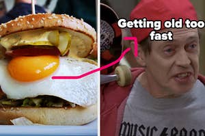 An open face burger with a fried egg on it and Steve Buscemi wearing a baseball cap while holding a skateboard