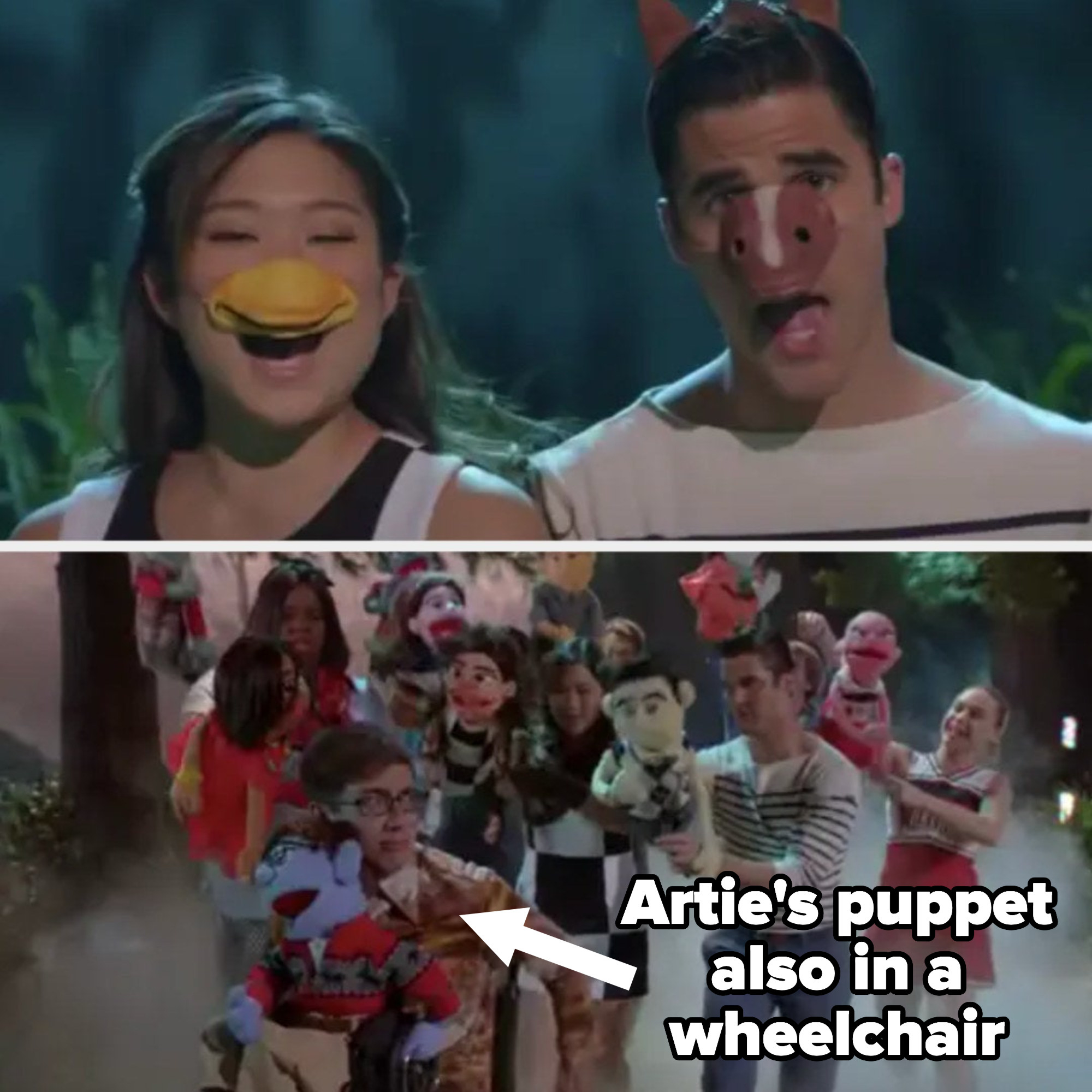 Tina and Blaine with animal noses on then everyone with puppets chasing Artie and his puppet, who is also in a wheelchair