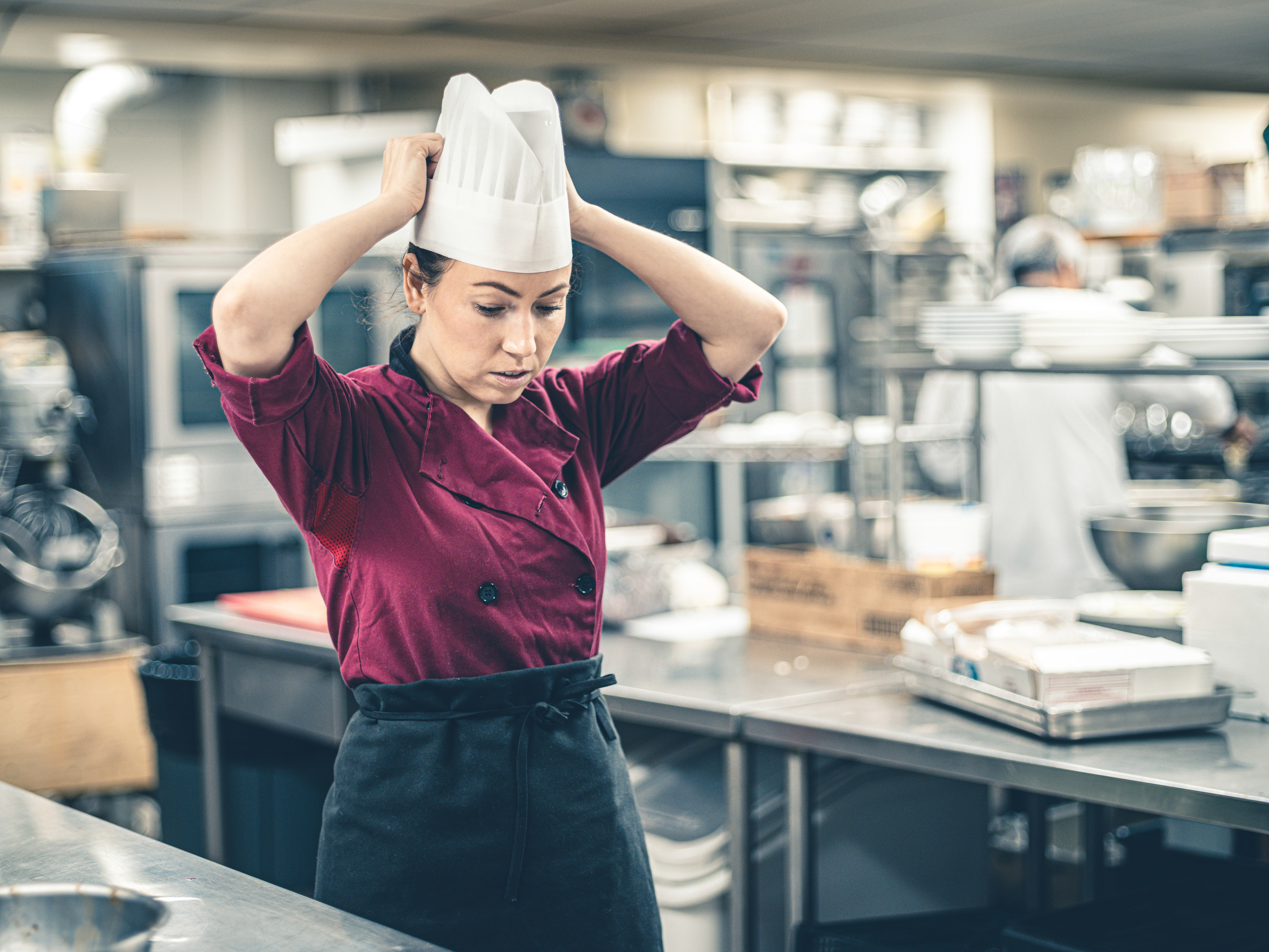 Chef taking a break in the kitchen.