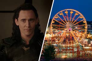 A close up of Loki from "Thor: Ragnarok" and a lit up ferris wheel