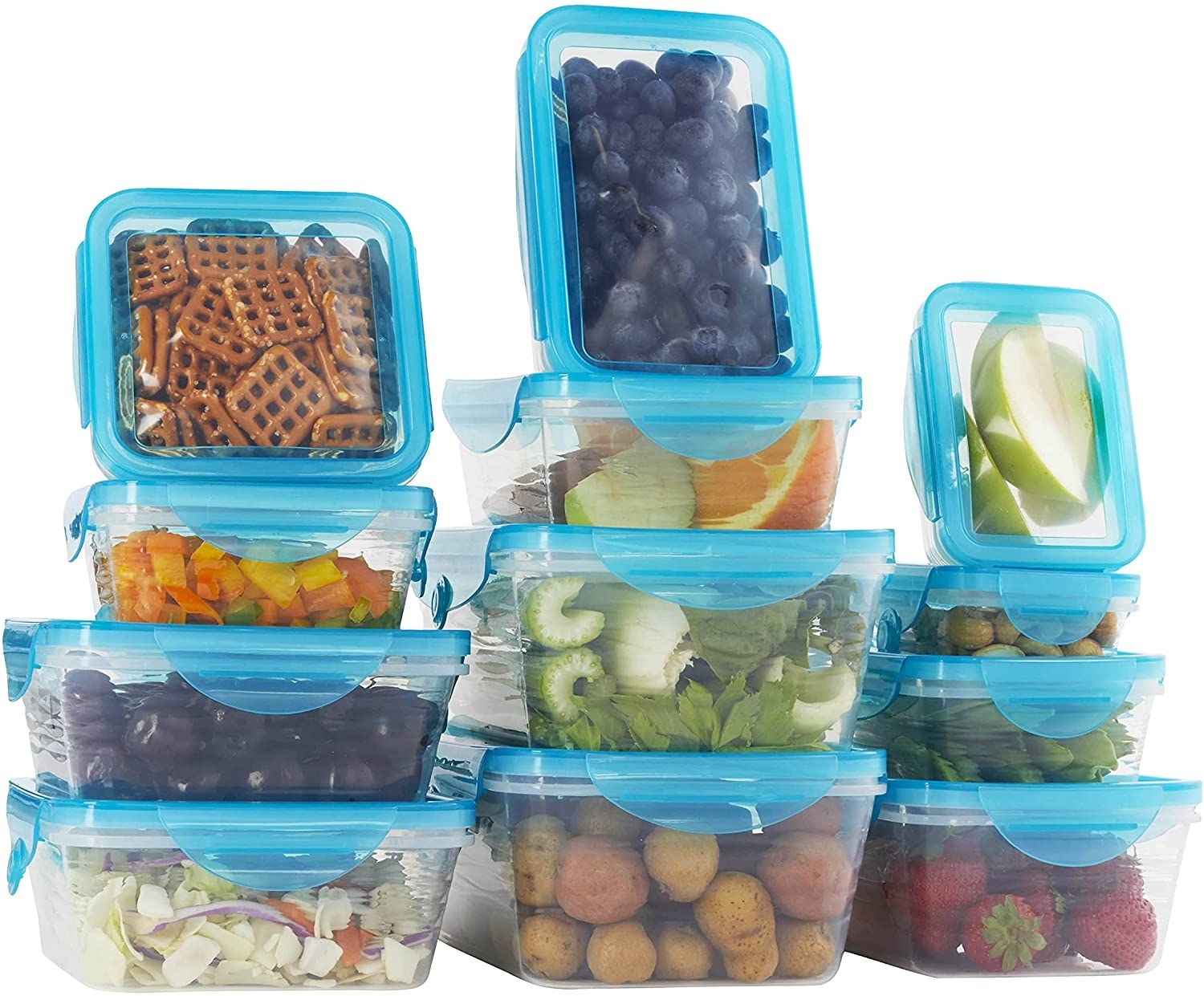 Different sizes of food storage containers with different food inside, blue lids