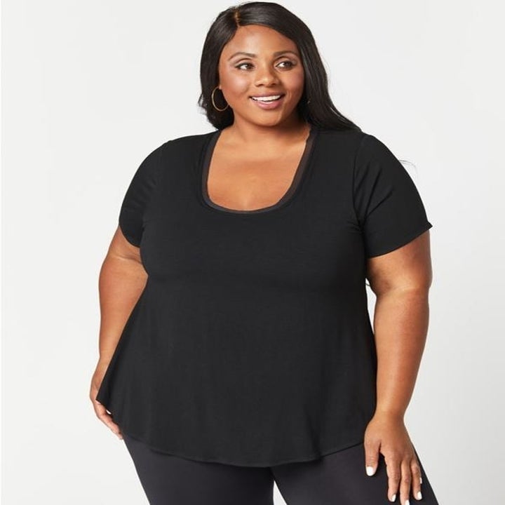 Model wearing black T-shirt