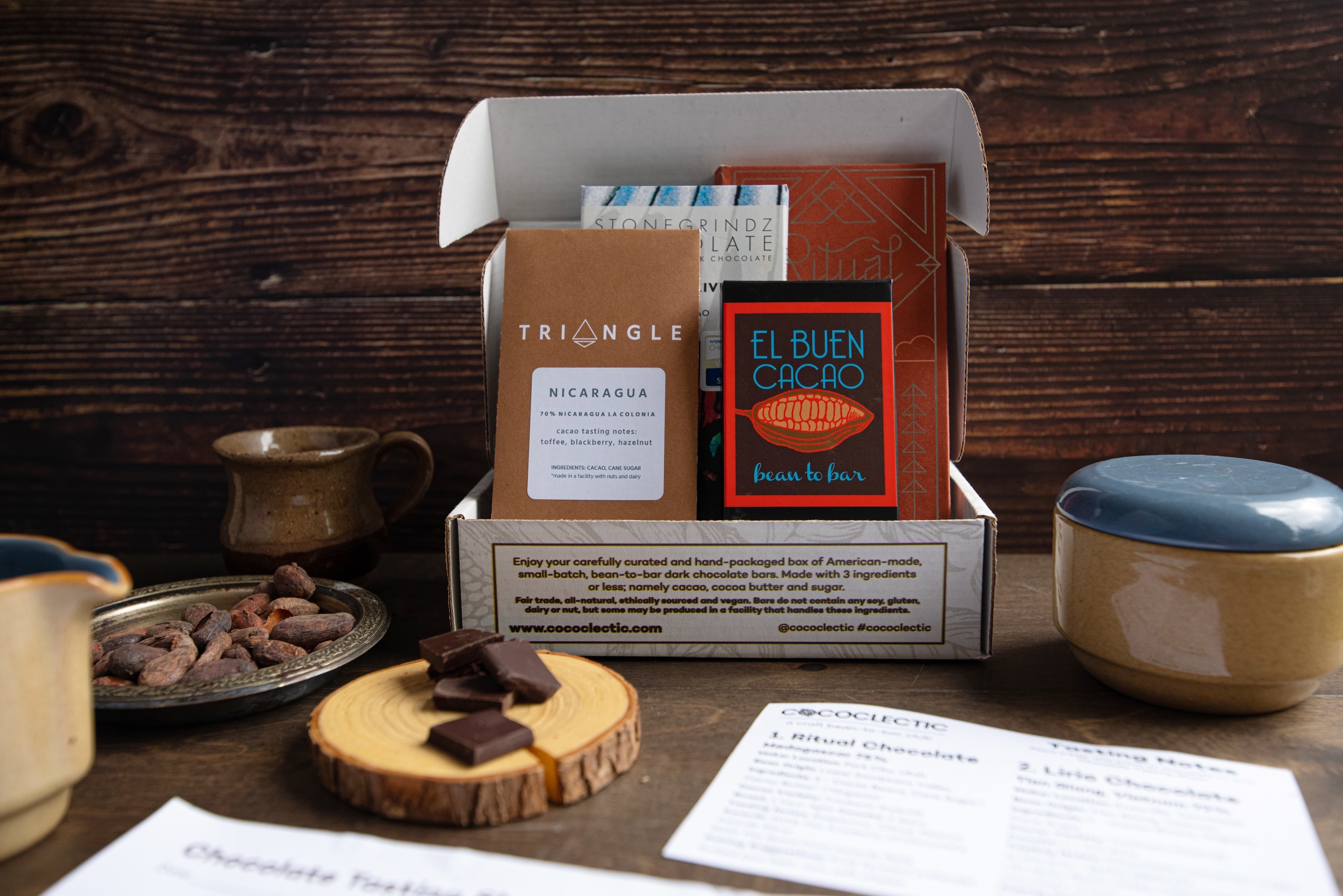 the subscription box with several dark chocolate bars