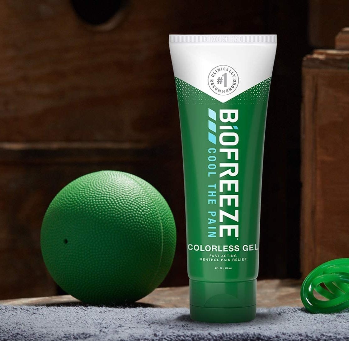 the green bottle of pain relieving gel