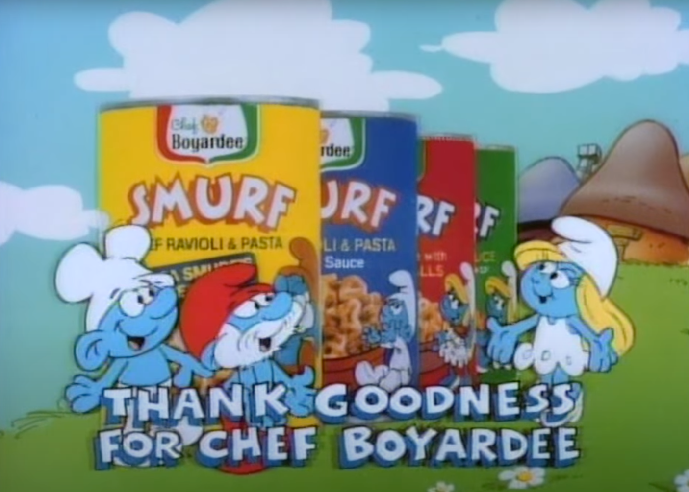 Screenshot of cartoon Chef, Poppa, and Smurfette in front of Chef Boyardee cans
