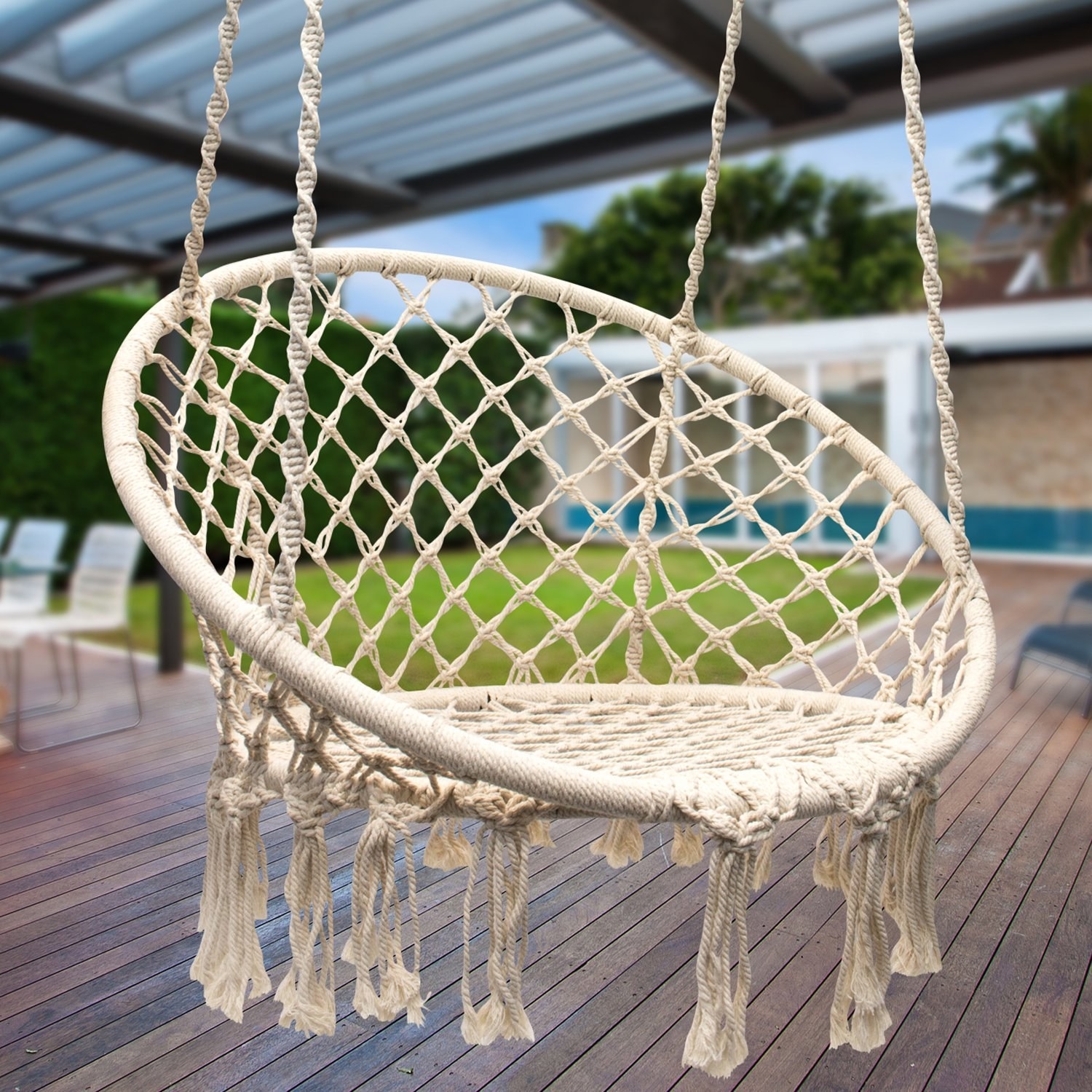 White macrame hammock chair
