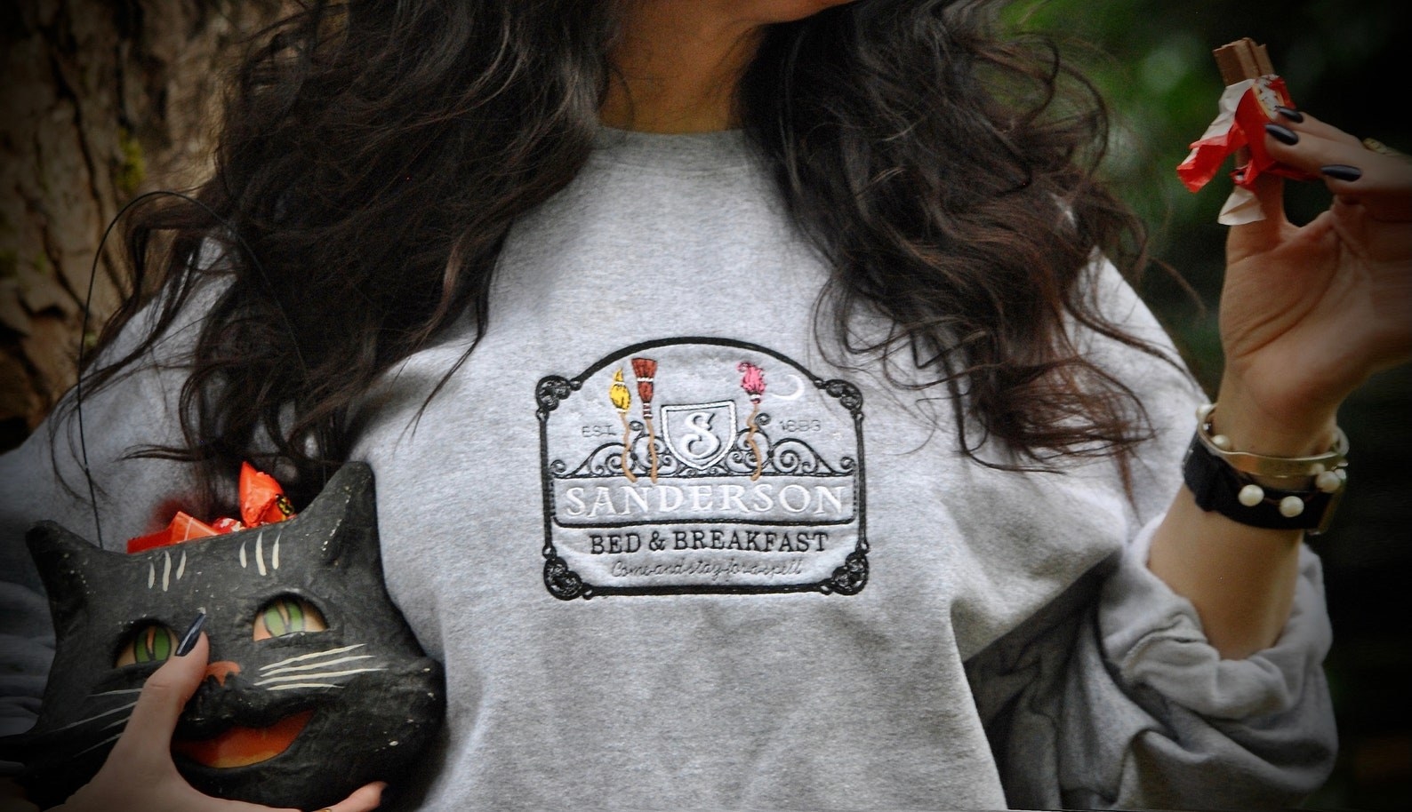 Model wearing embroidered grey sweater with a &quot;sanderson bed and breakfast&quot; design