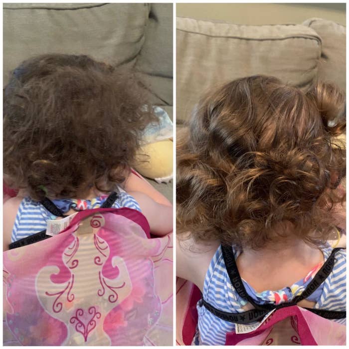 Reviewer&#x27;s before photo showing their child&#x27;s curly hair before using the spray and after photo showing glossy curls with the spray