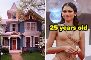 On the left, a Victorian-style house surrounded by blooming trees, and on the right, Zendaya labeled 25 years old