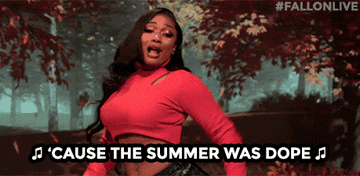 Gif of Megan Thee Stallion and Jimmy Fallon rapping a fall spinoff of Megan&#x27;s Hot Girl Summer saying, &quot;cause the summer was dope but the fall&#x27;s even better&quot;