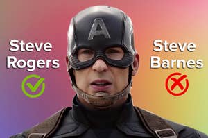 Captain America next to the names "steve rogers" and "steve barnes"