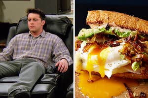 On the left, Joey from Friends sitting in a recliner, and on the right, a breakfast sandwich with avocado, caramelized onions, and a runny egg