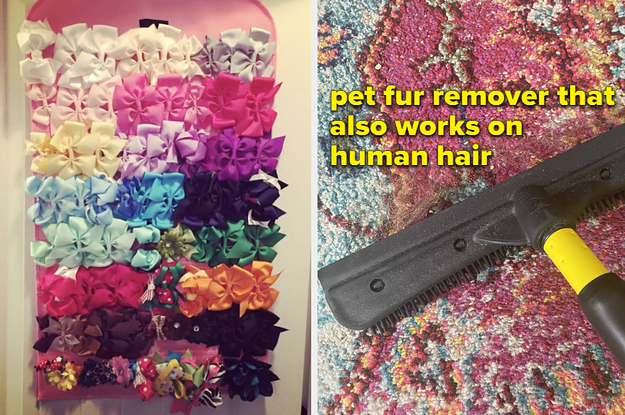 jewelry organizer with hairbows on it, rubber squeegee on carpet with text that says pet fur remover that also works on human hair