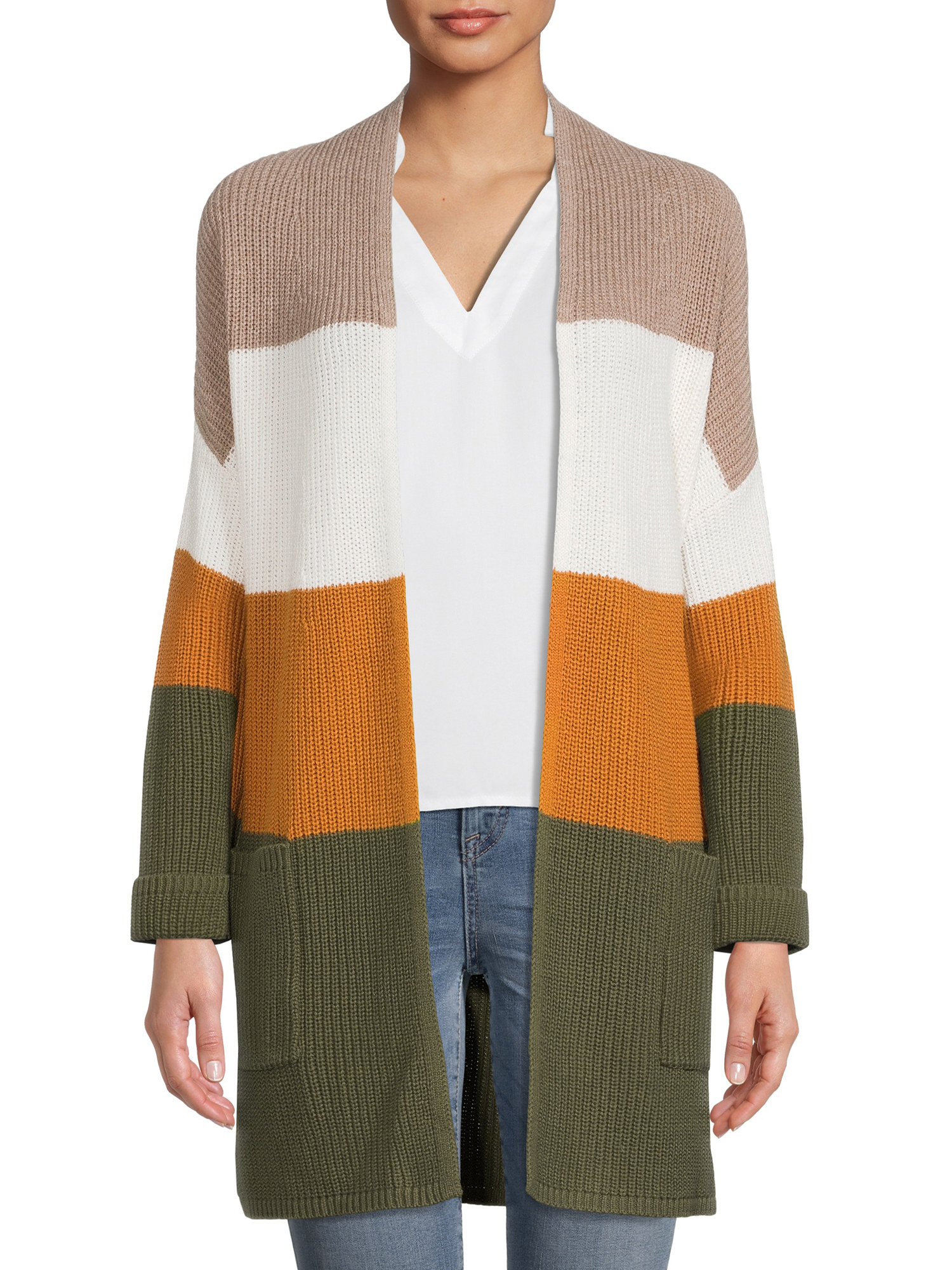 Model wearing the striped sweater in green, orange, brown, and white