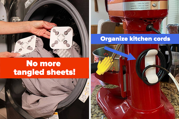 L: Wad-free pads on bedsheets to prevent them from tangling in the dryer R: 3D-printed cord organizer attached to the side of a stand mixer with the stand mixer's black cord wrapped around it