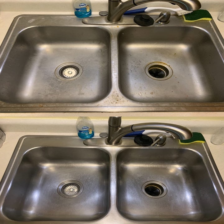 reviewer photo of a dirty sink before using the scrubber and a photo of the same clean and shiny sink after using the scrubber