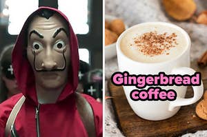 person in a hoodie and mask that has a mustache, next to an image of a coffee with gingerbread sprinkles on top