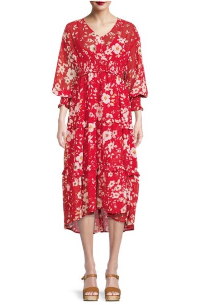 A model wearing a red floral, long sleeve midi dress