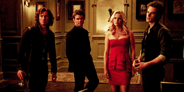 Finn, Elijah, Rebekah, and Kol turning to Klaus