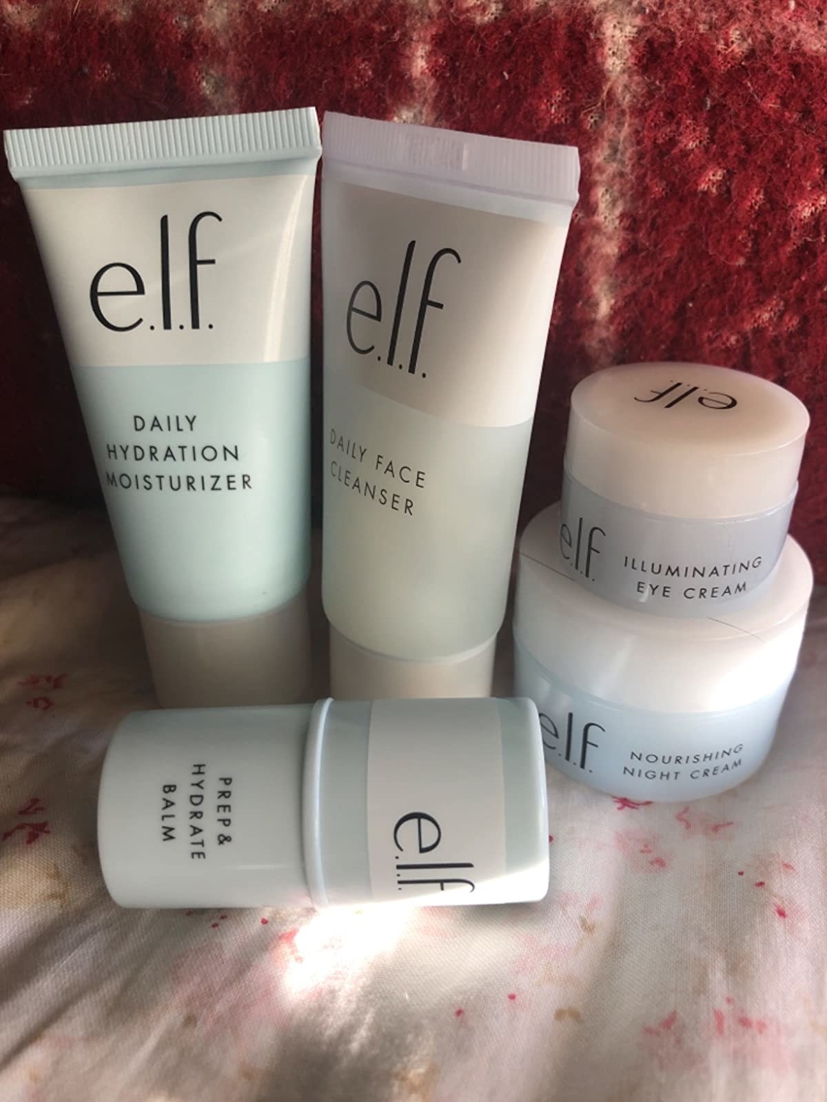 the full kit with daily hydration moisturizer, daily face cleanser, illuminating eye cream, nourishing night cream, and prep and hydrate balm