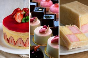 strawberry cake, mini pastries, and a checkboard cake