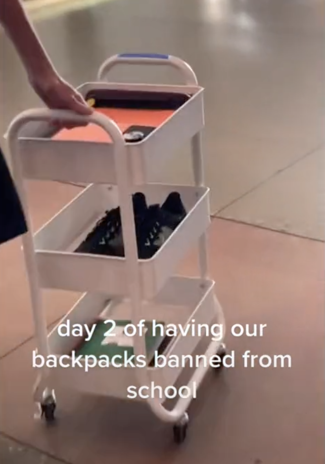 A student pushing a three-tiered organizer with wheels