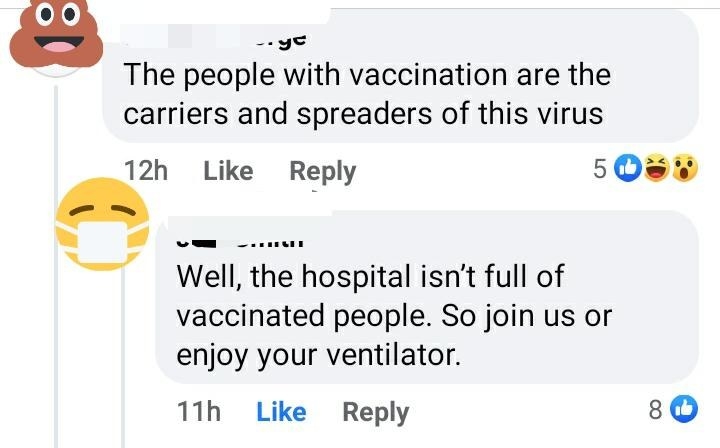 person who says vaccinated people spread the virus and the other replier says well the hospital isn&#x27;t full of vaxxed people