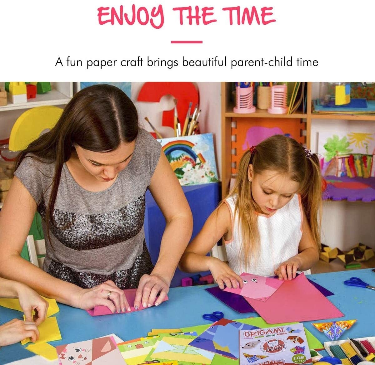 Adult and kid  models moving   connected  origami kit