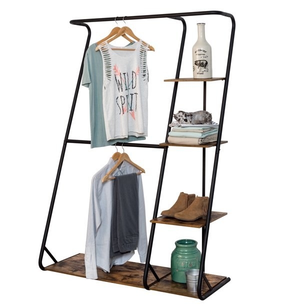 The black and wooden clothing rack with three side shelves