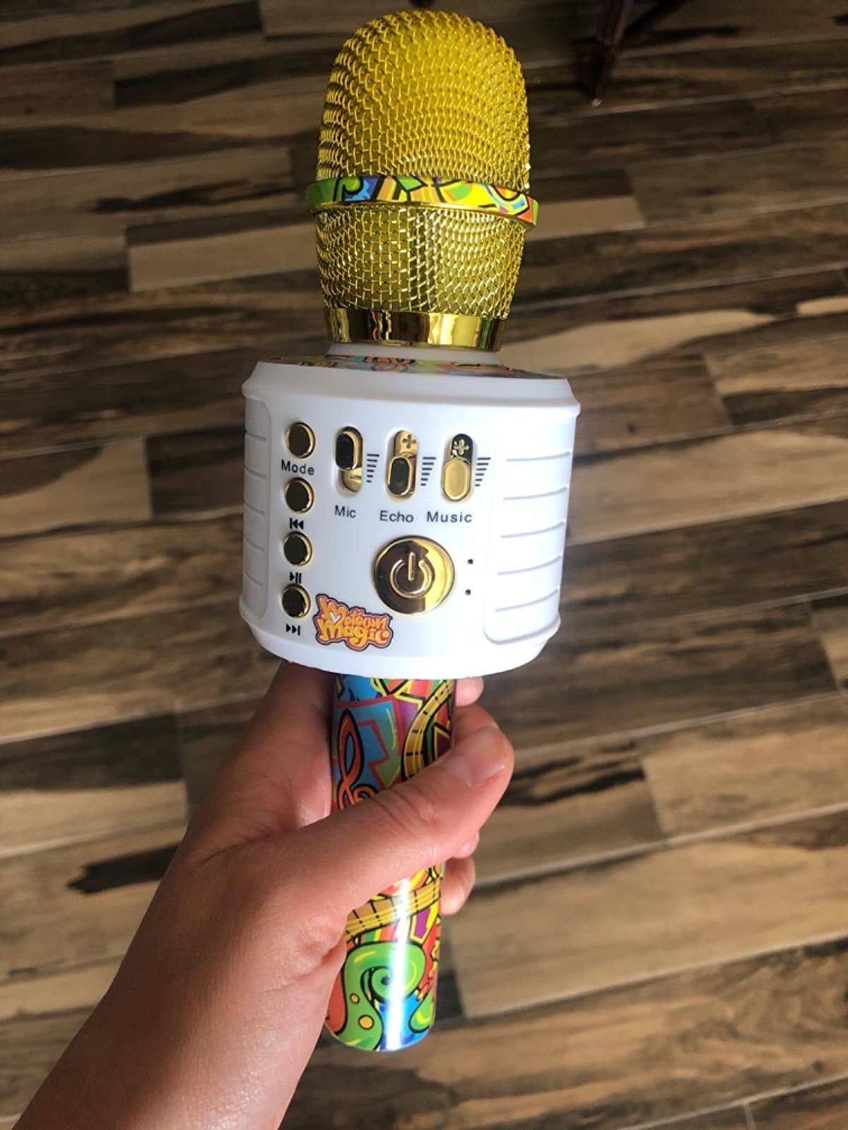 Reviewer's image of hand holding toy microphone