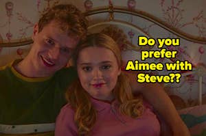 Aimee and Steve sit on her bed with his arm wrapped around her shoulders