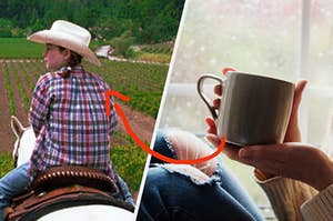 A young Lindsay Lohan sits on a horse and a pair of hands holds a mug