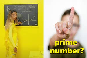 A student is writing on the board on the left with another holding up one finger labeled, "prime number?"