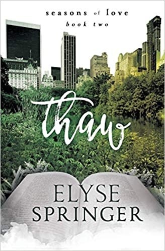 The book cover for Thaw illustratres an open book on green grass with a city scenery in the background.
