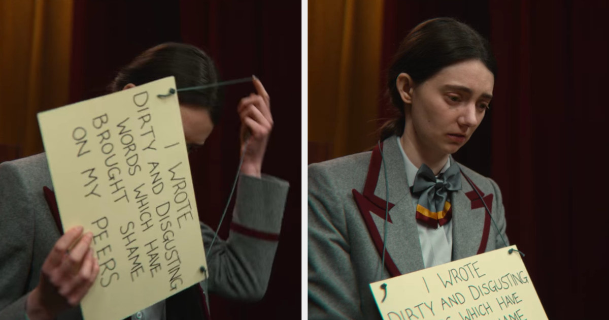 Lily putting a sign around her neck that says &quot;I wrote dirty words that brought shame on my peers&quot;