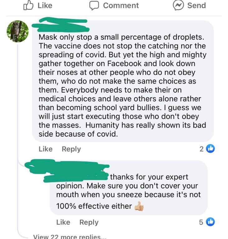 person who says masks only stop some droplets so someone responds and says thank you for your expert opinion make sure you don&#x27;t cover your mouth when you sneeze