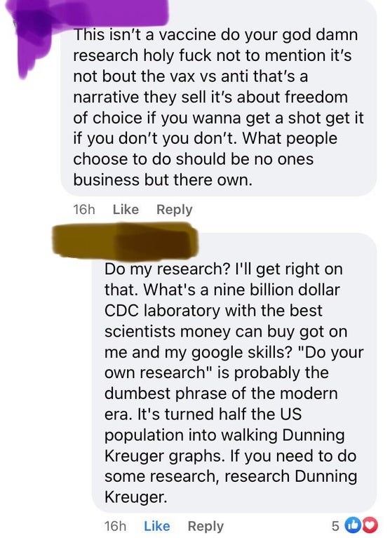 person who says do your research about the vaccine and the other person says research dunning kreuger graphs