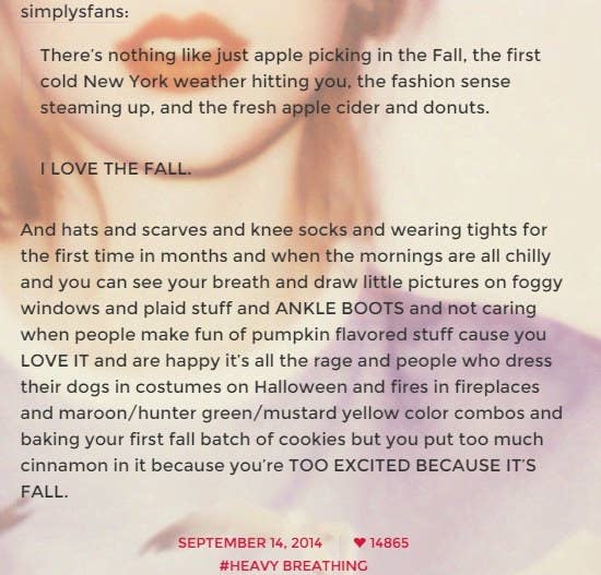 Text post from Taylor Swift's tumblr account that details her love of autumn