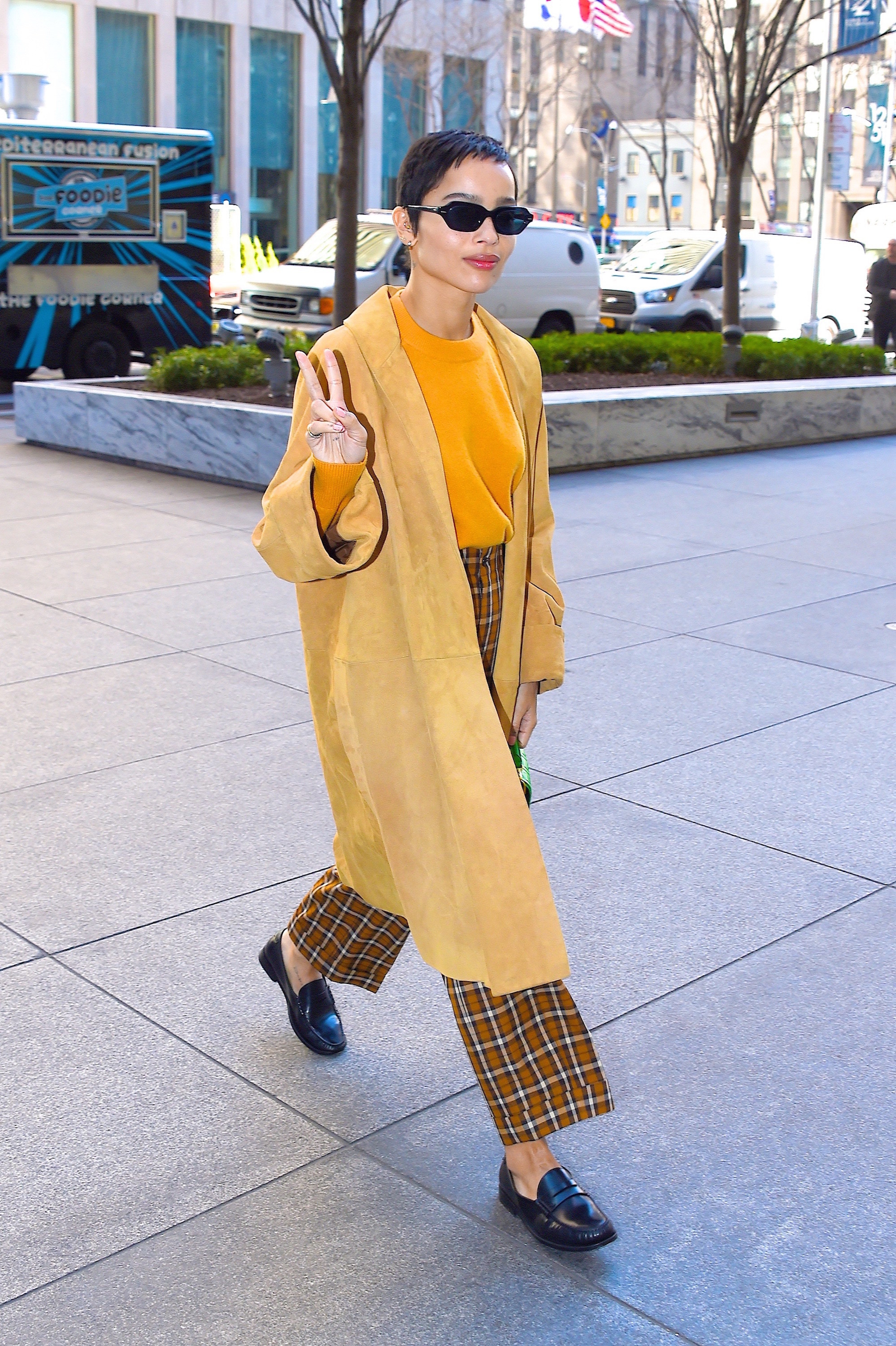 Photo of Zoe Kravitz in plaid pants and a tan coat