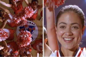 Overhead shot of a middle school dance team throwing pom-poms in the air next to a close-up of a smiling dance team member, played by Camille Guaty.
