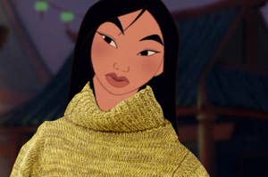 Mulan wears a Photoshopped turtleneck sweater
