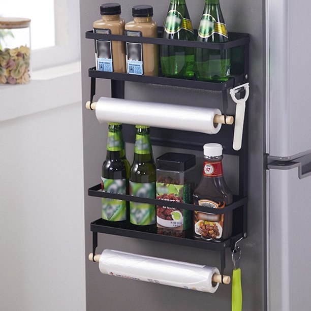 The two-shelf magnetic rack in black with two paper towel holders