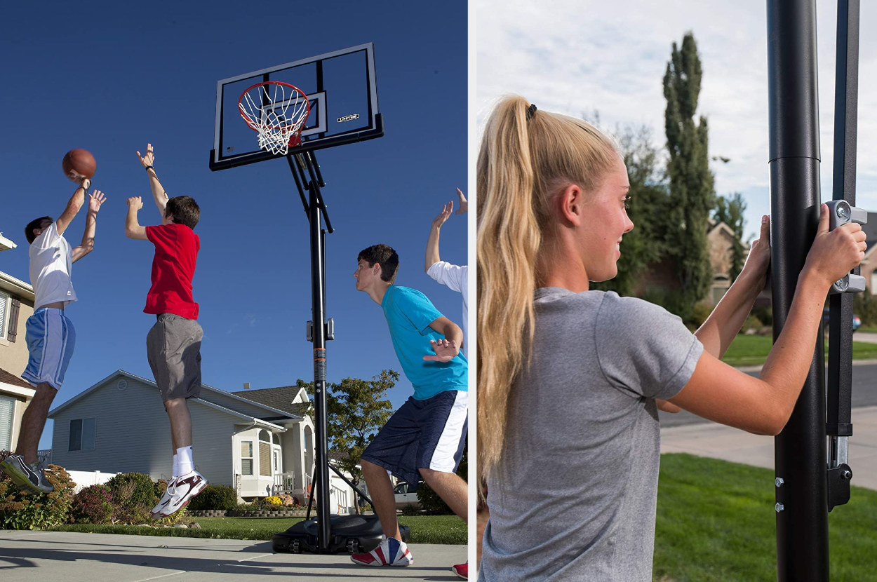 Split image of kids playing backyard basketball under hoop and model adjusting height of backboard