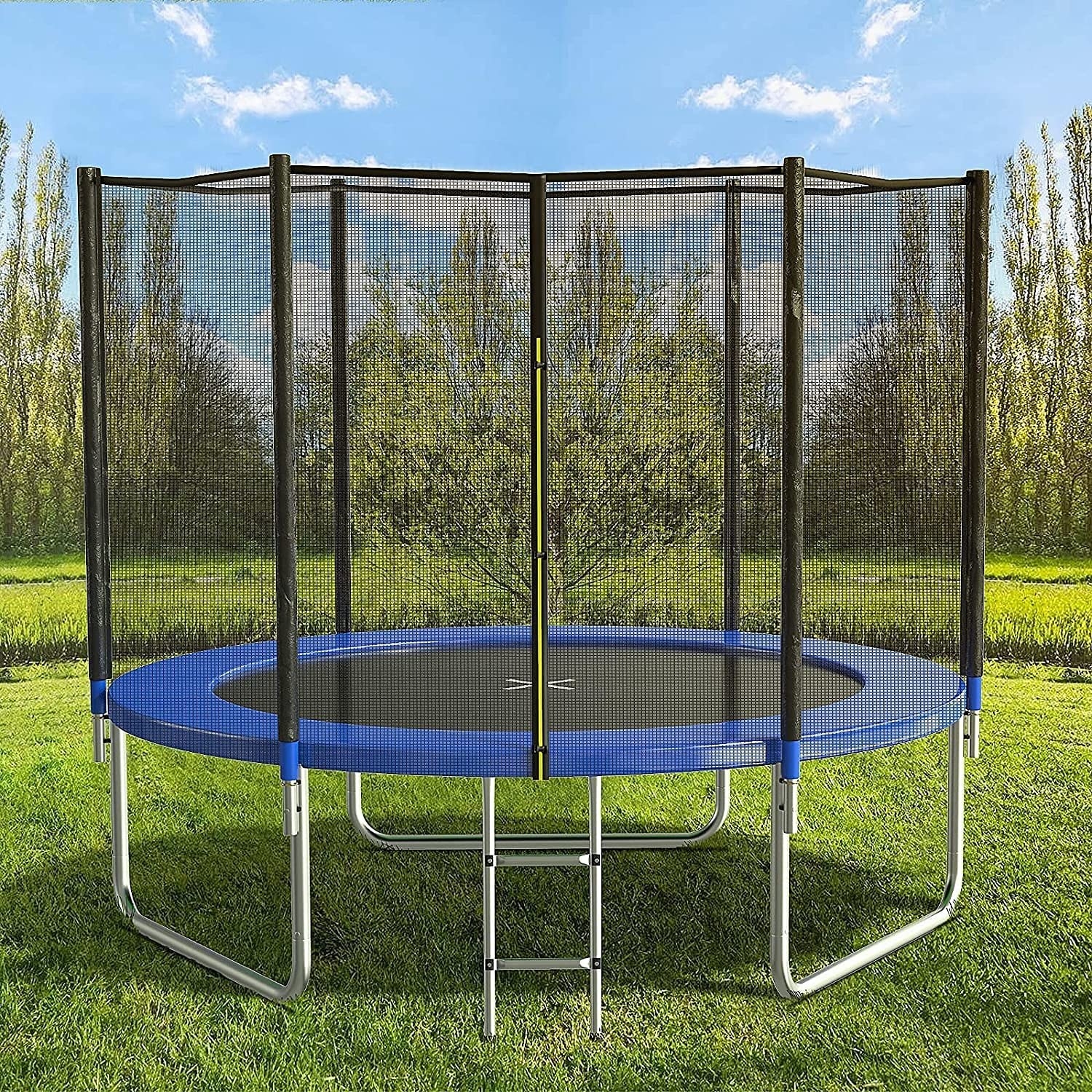 Image of what blue and black trampoline would look like on grass